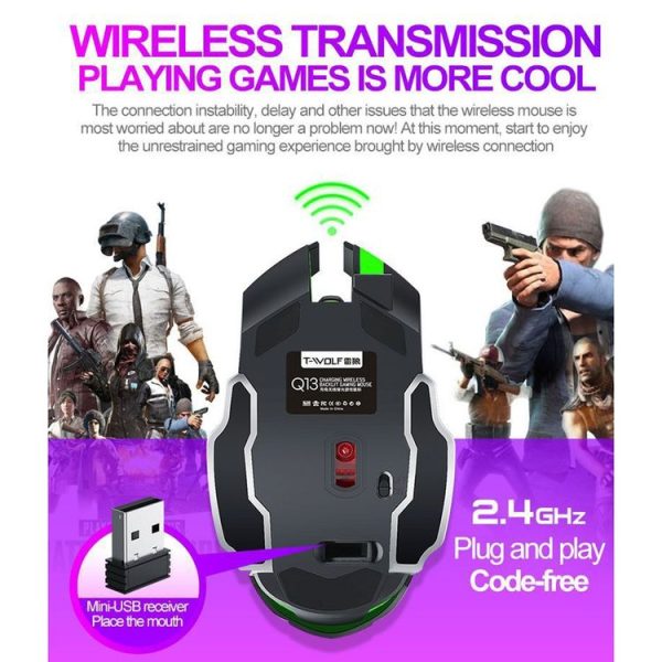 T-WOLF Q13 2.4GHz 6-keys RGB Colorful Light Gaming Wireless Mouse, Color: Single Mode Black - Image 6