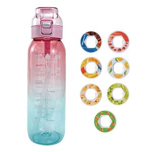 1000ml Large Capacity Fruity Water Bottle With 7 Flavor Rings Straw Drinking Cup Tritan Flavored Water Mug (Clear Pink)
