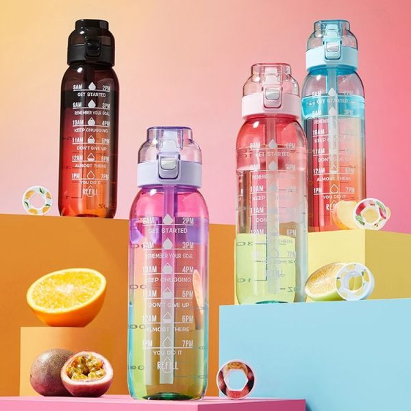 1000ml Large Capacity Fruity Water Bottle With 7 Flavor Rings Straw Drinking Cup Tritan Flavored Water Mug (Clear Pink) - Image 2