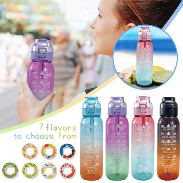 1000ml Large Capacity Fruity Water Bottle With 7 Flavor Rings Straw Drinking Cup Tritan Flavored Water Mug (Clear Pink) - Image 4