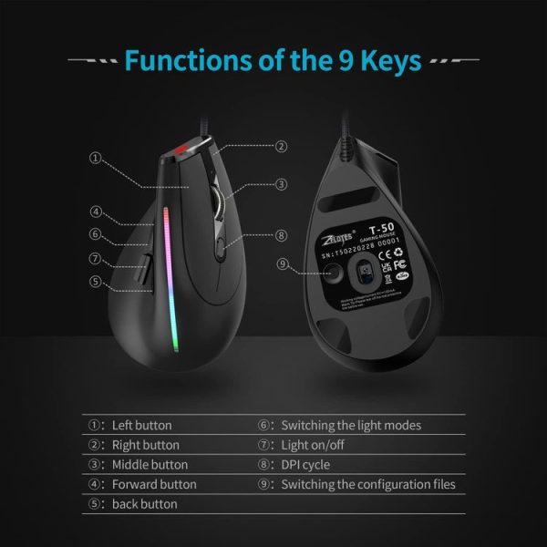 ZELOTES T50 9-Keys RGB Lighting Effect Vertical Grip Ergonomic Programming Wired Mouse (Black) - Image 8