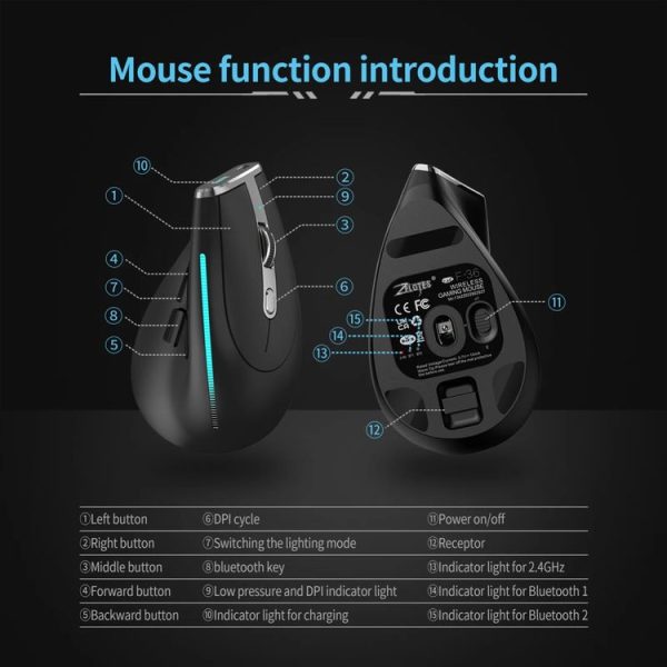 ZELOTES F36 9-Keys Vertical Grip Ergonomic Programming Dual Bluetooth + 2.4G Wireless Mouse (White) - Image 10