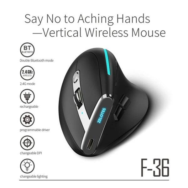 ZELOTES F36 9-Keys Vertical Grip Ergonomic Programming Dual Bluetooth + 2.4G Wireless Mouse (White) - Image 2
