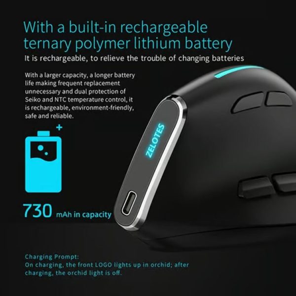 ZELOTES F36 9-Keys Vertical Grip Ergonomic Programming Dual Bluetooth + 2.4G Wireless Mouse (White) - Image 8