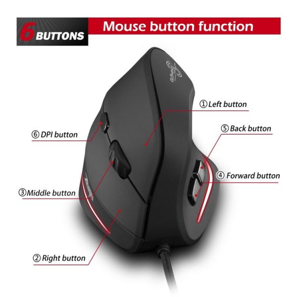 ZELOTES T20 6-Keys Vertical Grip Ergonomic Laptop Wired Mouse (Black) - Image 5