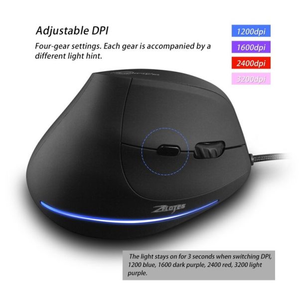 ZELOTES T20 6-Keys Vertical Grip Ergonomic Laptop Wired Mouse (Black) - Image 8