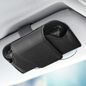Car Eyeglasses Case Sun Visor Back Clip Sunglasses Organizer Multi-function Leather Sunglasses Clip (Black)