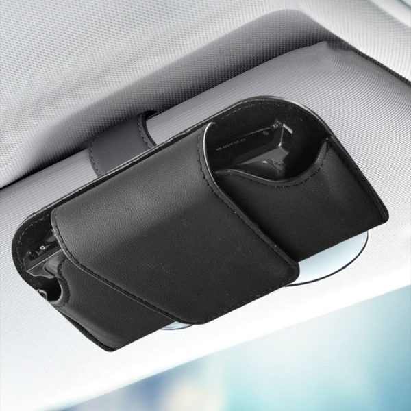 Car Eyeglasses Case Sun Visor Back Clip Sunglasses Organizer Multi-function Leather Sunglasses Clip (Black)