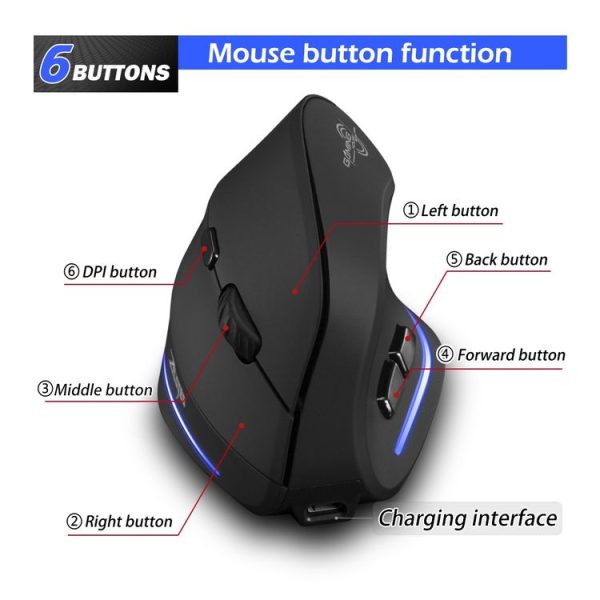 ZELOTES F35 6-buttons Vertical Grip Ergonomic Rechargeable Wireless Mouse (Blue Light) - Image 5