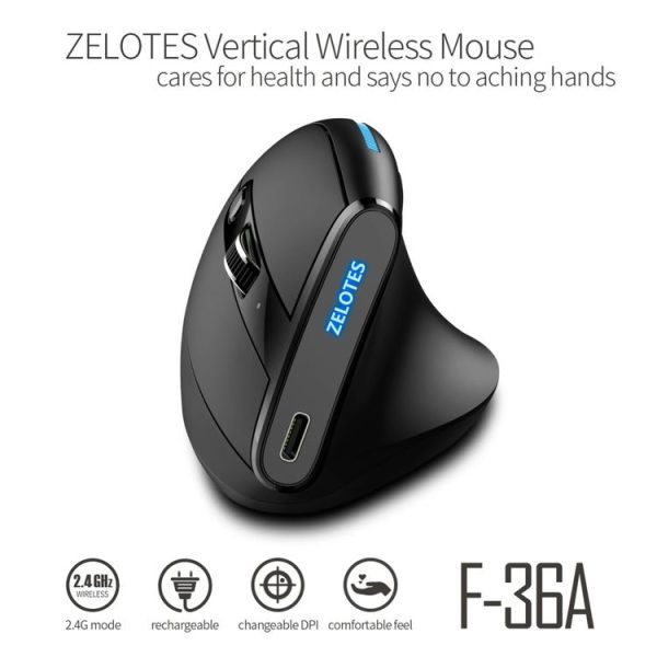 ZELOTES F36A 6-Buttons Vertical Grip Ergonomic Rechargeable Wireless Mouse (Black) - Image 3