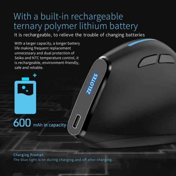 ZELOTES F36A 6-Buttons Vertical Grip Ergonomic Rechargeable Wireless Mouse (Black) - Image 8