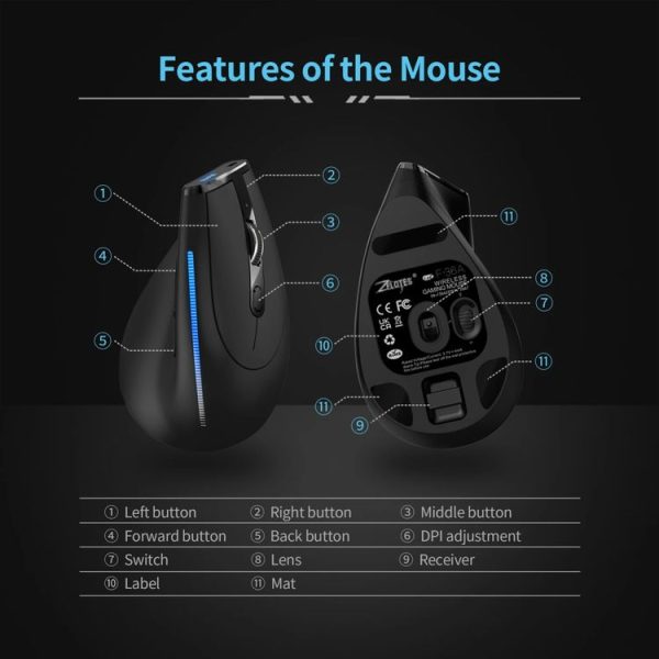 ZELOTES F36A 6-Buttons Vertical Grip Ergonomic Rechargeable Wireless Mouse (Black) - Image 9