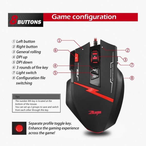 ZELOTES C8 8-buttons Ergonomic Game Programming Custom Wired Mouse (Black) - Image 5