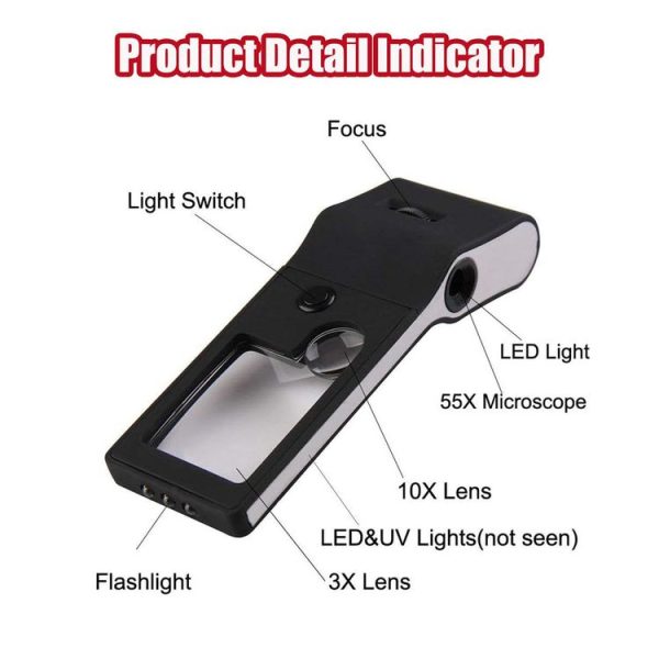 3X 10X Magnifier 55X Microscope Loupe With LED & UV Light - Image 4