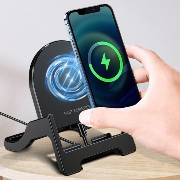 15W Desktop Vertical Cell Phone Wireless Charging Stand (Black) - Image 2
