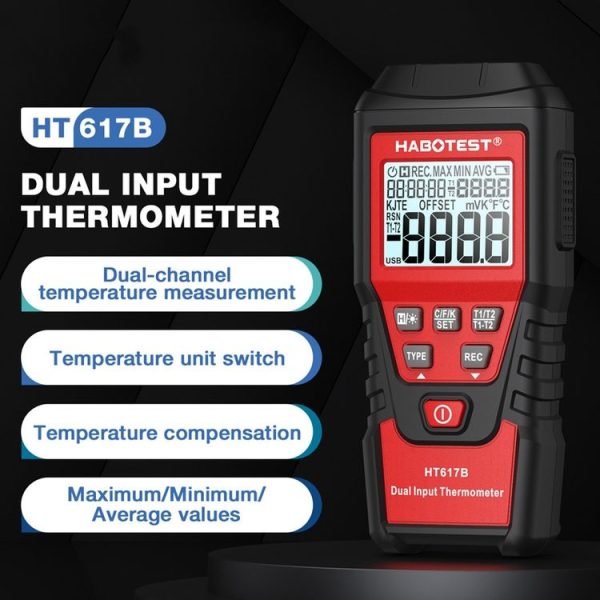 HABOTEST HT617B Digital Dual Channel Thermocouple Thermometer (Black Red) - Image 2