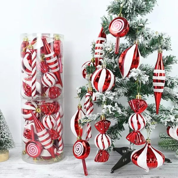 14pcs / Set Christmas Tree Ornaments Lollipops Swirls Painted Candies (Red White) - Image 4