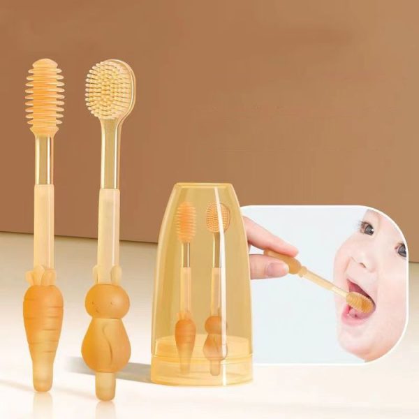 Food-grade Silicone Baby Milk Toothbrush + Tongue Brush Children Oral Cleaning Brush, Color: Beige - Image 9
