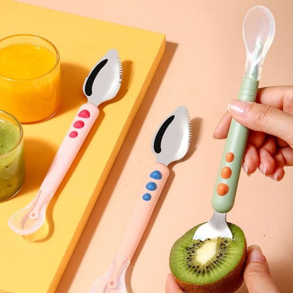 Multi-function Double-head Baby Food Spoon Baby Tableware Fruit Scraper Spoon (Green) - Image 10