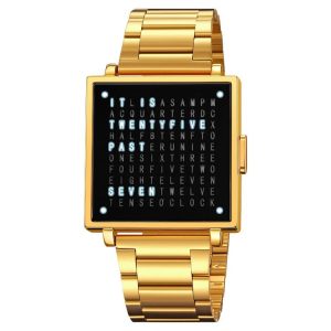 SKMEI Multi-function Letter Display Dial Square Men Electronic Watch, Color: Gold Steel Band