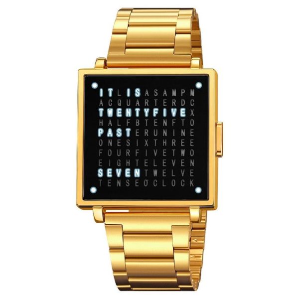SKMEI Multi-function Letter Display Dial Square Men Electronic Watch, Color: Gold Steel Band
