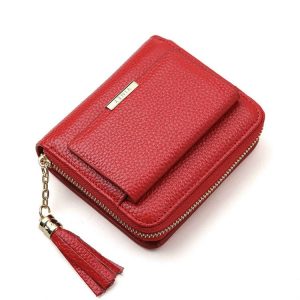Short Zippered Leather Folding Wallet Tassel Coin Purse (Red)