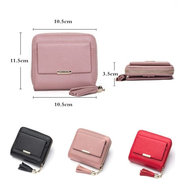 Short Zippered Leather Folding Wallet Tassel Coin Purse (Red) - Image 3