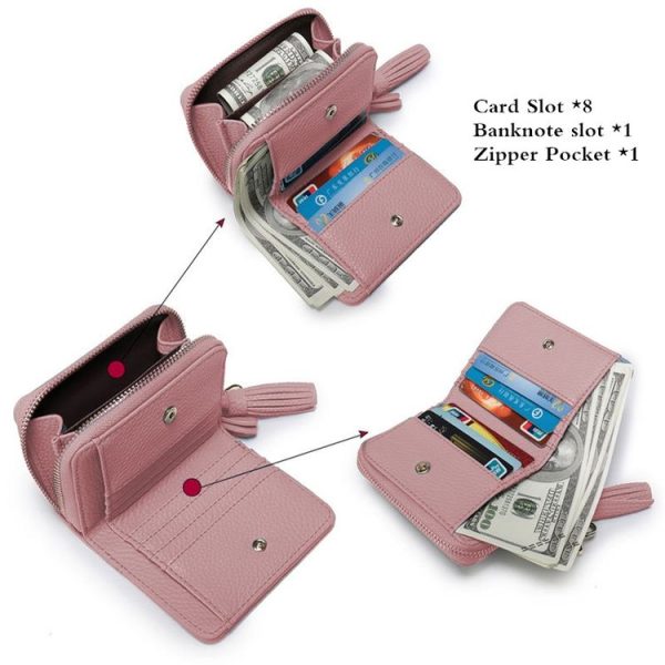 Short Zippered Leather Folding Wallet Tassel Coin Purse (Red) - Image 4
