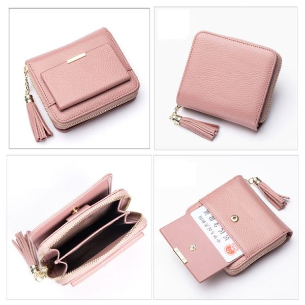 Short Zippered Leather Folding Wallet Tassel Coin Purse (Red) - Image 5