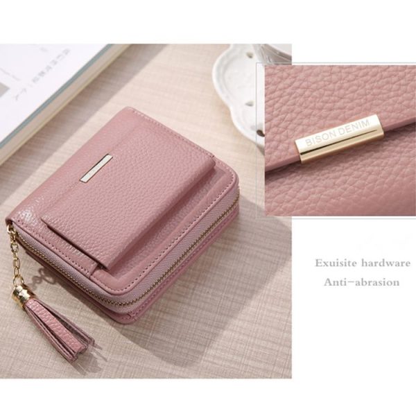 Short Zippered Leather Folding Wallet Tassel Coin Purse (Red) - Image 6