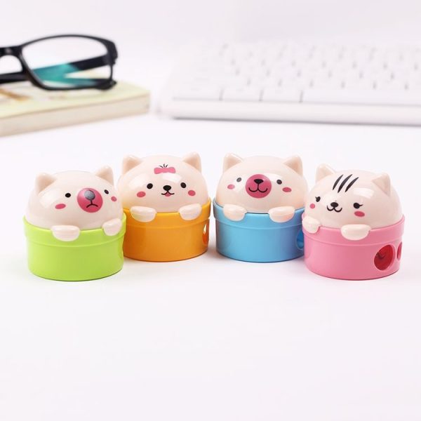 Cat Shape Double Holes Pencil Sharpener Cartoon Animal Plastic Sharpener, Random Color Delivery