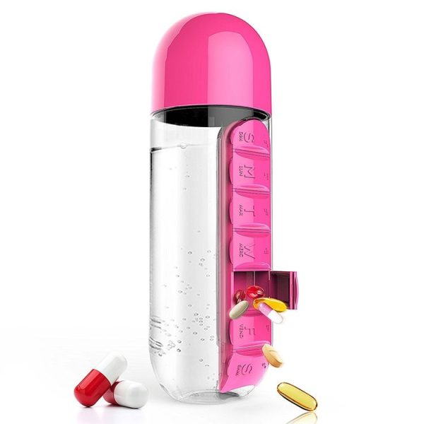 600ML Plastic Water Bottle with Daily Pill Box Organizer Drinking Bottles (Rose Red)