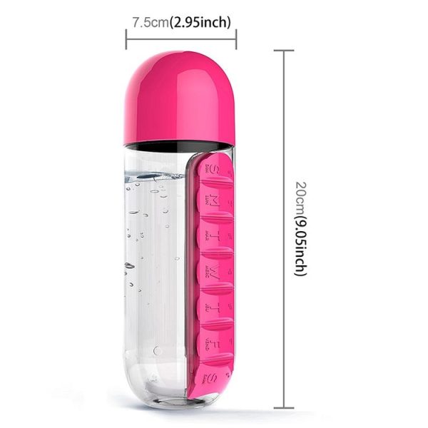 600ML Plastic Water Bottle with Daily Pill Box Organizer Drinking Bottles (Rose Red) - Image 2