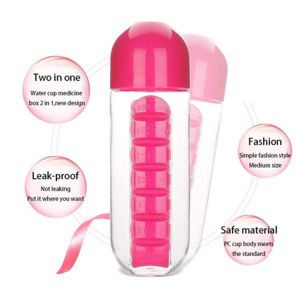 600ML Plastic Water Bottle with Daily Pill Box Organizer Drinking Bottles (Rose Red) - Image 4