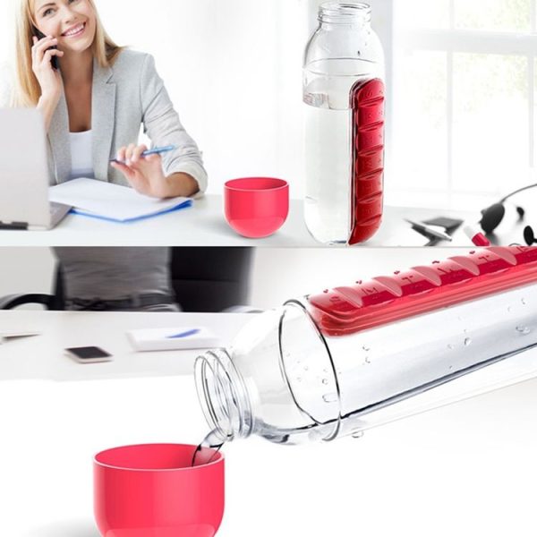 600ML Plastic Water Bottle with Daily Pill Box Organizer Drinking Bottles (Rose Red) - Image 5