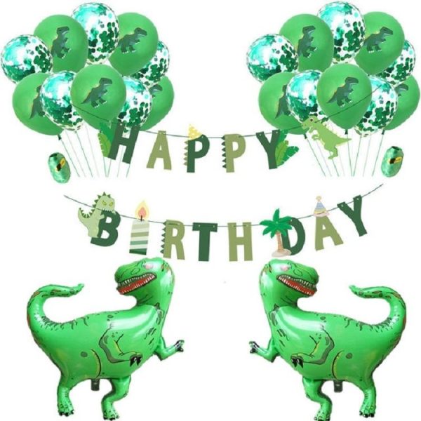 Dinosaur Theme Party Set Birthday Letter Pull Flag Aluminum Film Sequin Dinosaur Balloon Children Birthday Arrangement Decoration (Green)