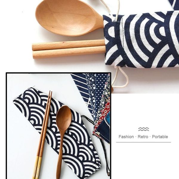 Cotton Linen Tableware Straw Bag Portable Beam Mouth Bag for Traveling, Style: Side Opening Geometry - Image 4