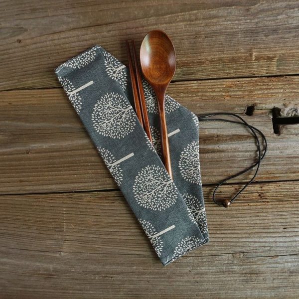 Cotton Linen Tableware Straw Bag Portable Beam Mouth Bag for Traveling, Style: Side Opening Geometry - Image 5