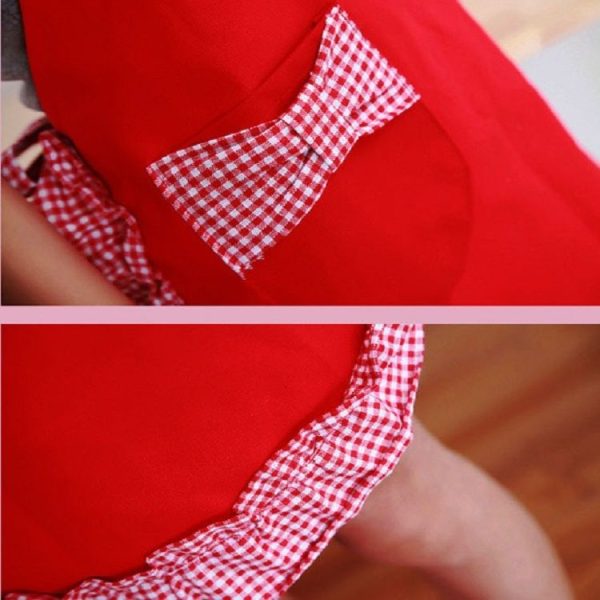 Sleeveless Bow Lace Apron with Pocket (Black White Grid on Red) - Image 4