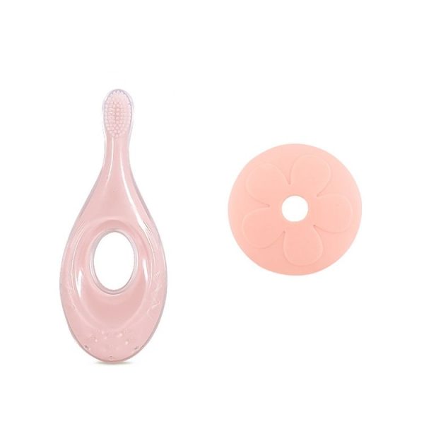 2-in-1 Baby Silicone Toothbrush Creative Baby Soft Hair Short Handle Short Neck Protector (Pink)