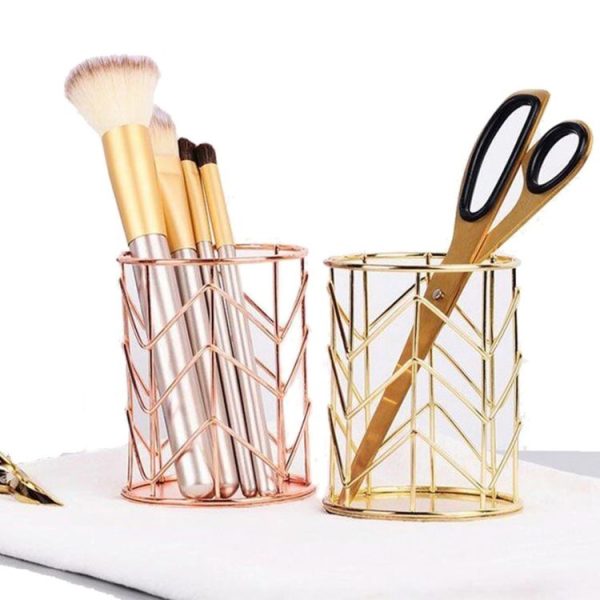 Hollow Iron Pen Holder Makeup Brushes Storage Desk Organizer Container (Gold) - Image 4