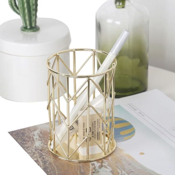 Hollow Iron Pen Holder Makeup Brushes Storage Desk Organizer Container (Gold) - Image 5