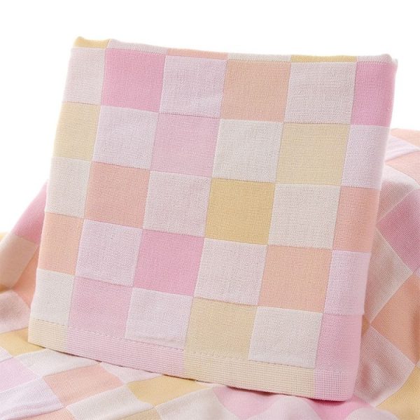 Double Gauze Cotton Bath Towel Adult Baby Water-absorbing Quick-drying Bath Towel (Pink Grid) - Image 3