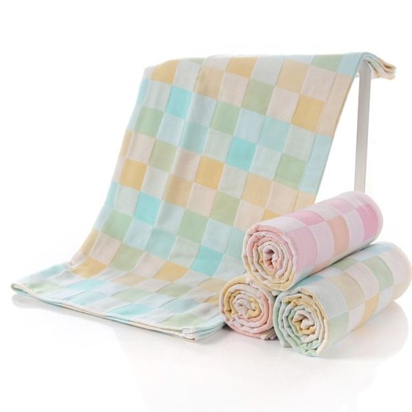 Double Gauze Cotton Bath Towel Adult Baby Water-absorbing Quick-drying Bath Towel (Pink Grid) - Image 6