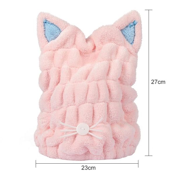 Coral Fleece Soft Absorbent Cat Ear Dry Hair Cap Thickened Adult Shower Cap (Pink) - Image 2