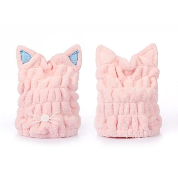 Coral Fleece Soft Absorbent Cat Ear Dry Hair Cap Thickened Adult Shower Cap (Pink) - Image 3