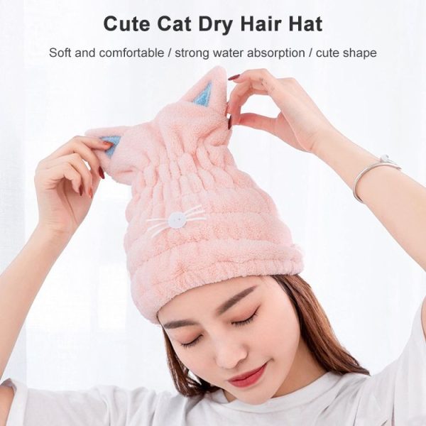 Coral Fleece Soft Absorbent Cat Ear Dry Hair Cap Thickened Adult Shower Cap (Pink) - Image 5