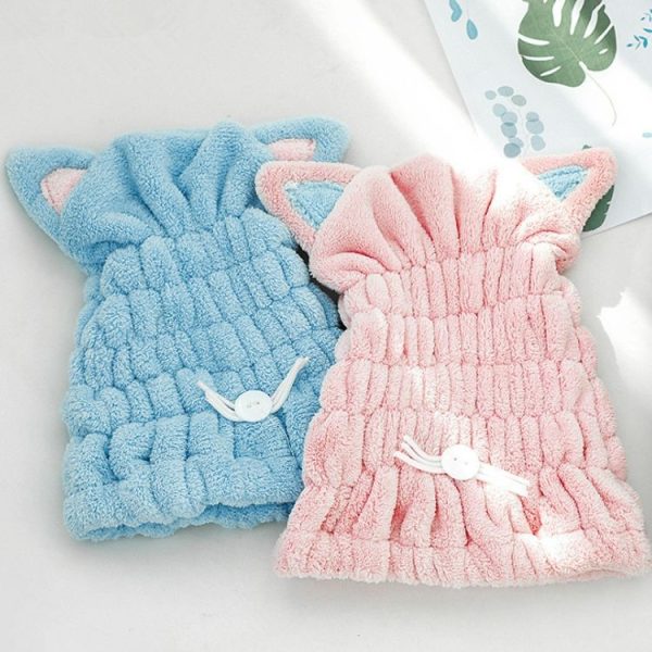 Coral Fleece Soft Absorbent Cat Ear Dry Hair Cap Thickened Adult Shower Cap (Pink) - Image 8