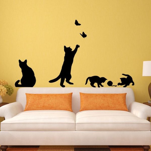Cat Playing Butterfly Wall Sticker Detachable Decorative Applique Bedroom Kitchen Decoration - Image 3