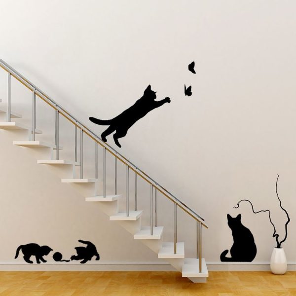 Cat Playing Butterfly Wall Sticker Detachable Decorative Applique Bedroom Kitchen Decoration - Image 5